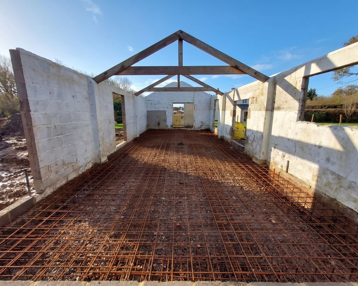 Steel reinforcement in place ahead of raft foundation pour, Ashill, Somerset