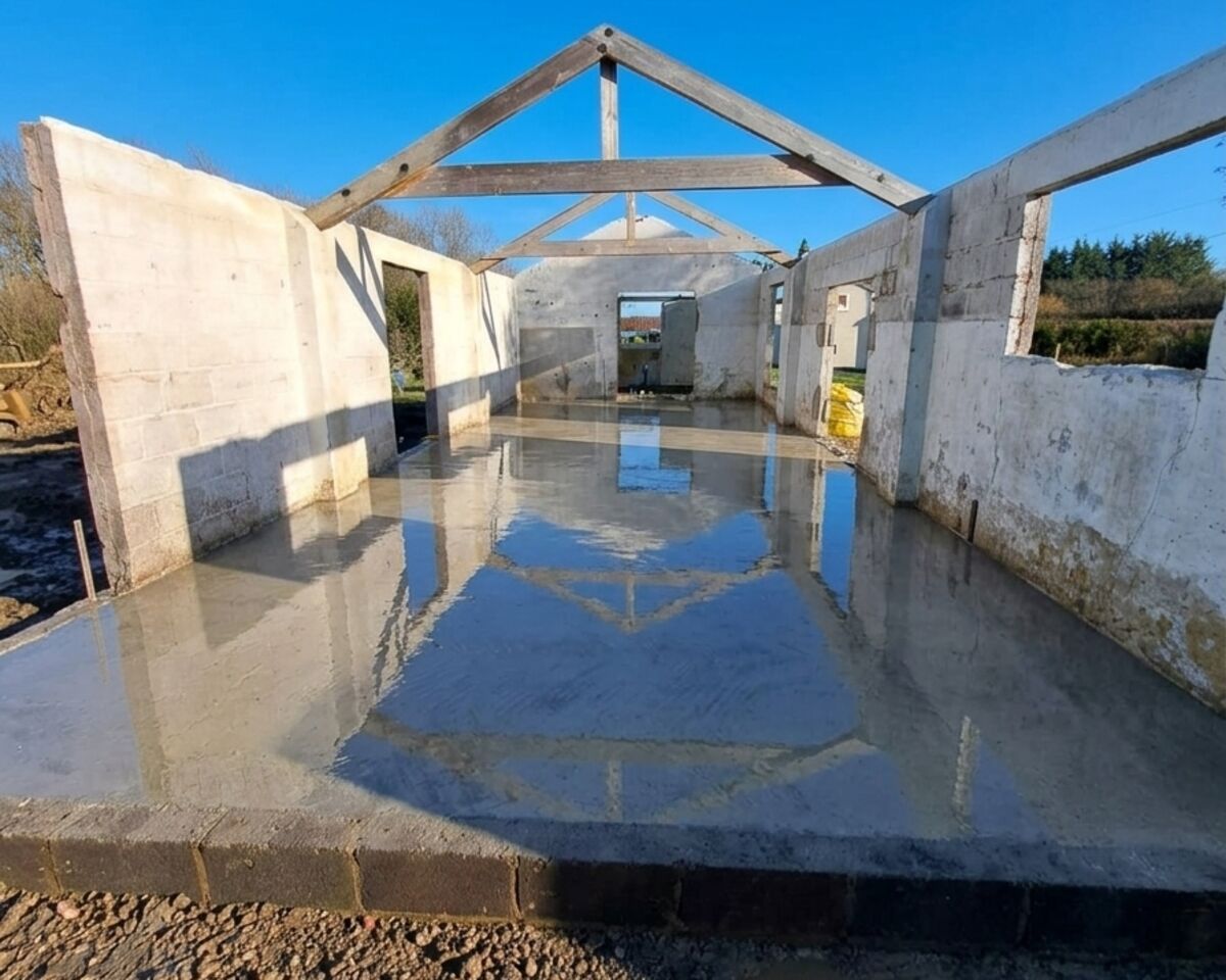 Raft foundation poured inside barn conversion, Ashill, Somerset